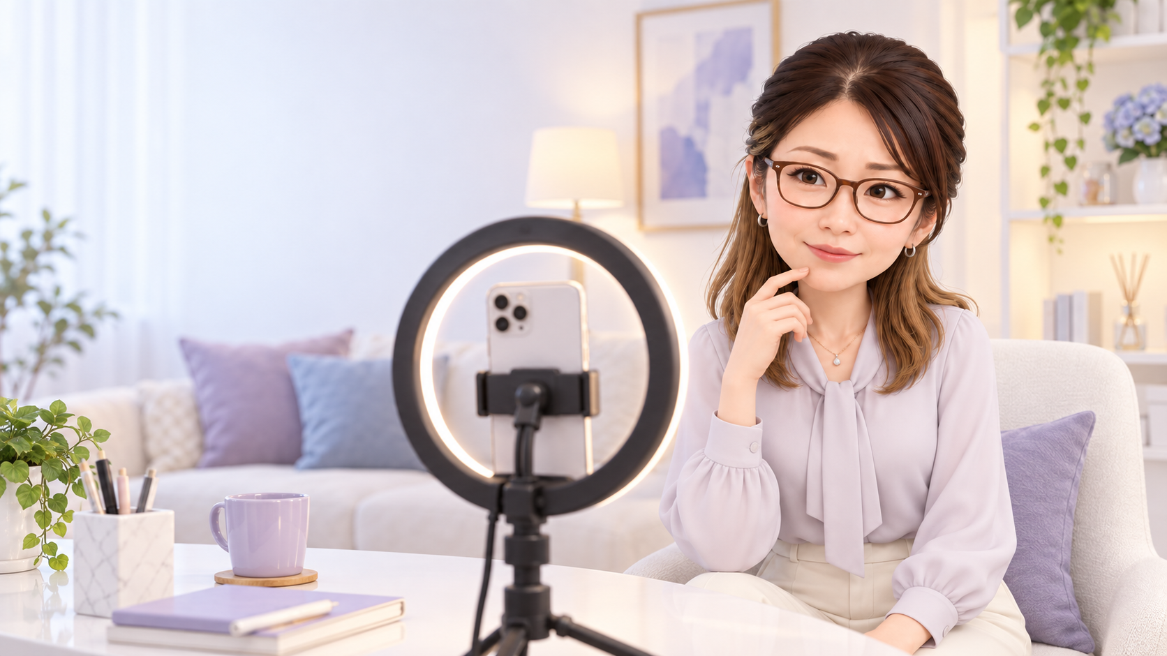 スマートフォンとリングライトを前にライブ配信を始めようとしている女性
