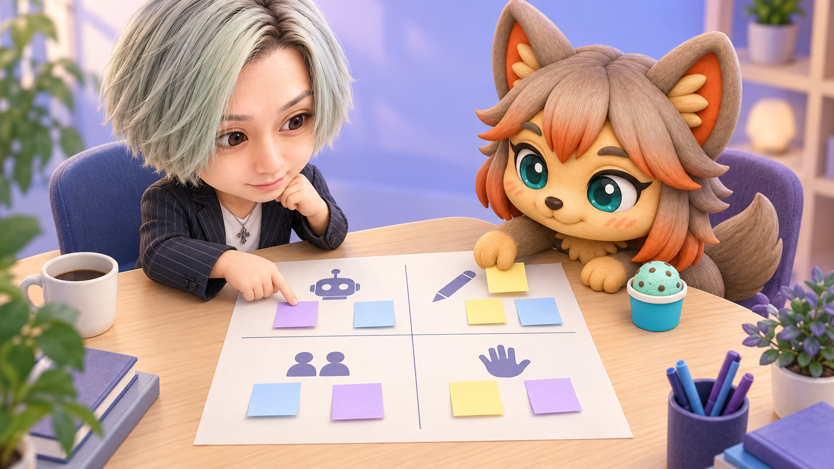 業務に3つの質問を順に当てはめ、「任せない」「相談相手にする」「下書きだけ任せる」「ほぼ任せる」に仕分けるフロー図