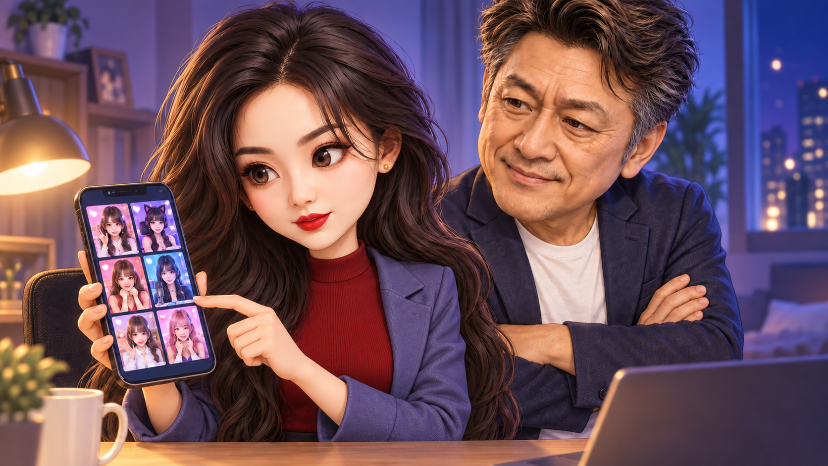 ジャケットを羽織ったあまりんが配信一覧を眺め、マックさんが隣で助言している様子