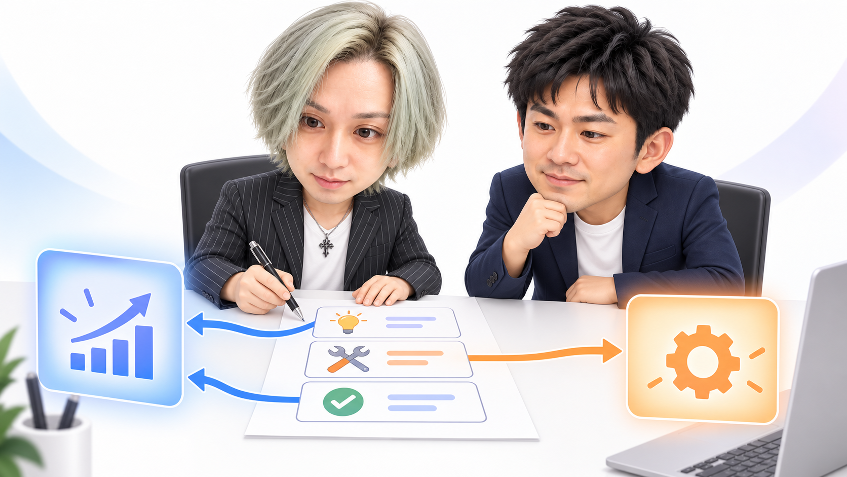 業務を3つの工程に分解し、2つのAIへ振り分ける判断の型を紙に書き出す様子