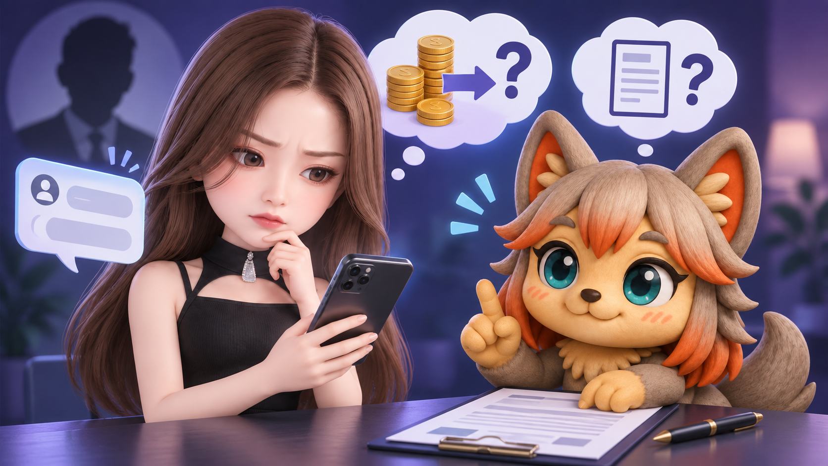 スカウトDMを受け取り注意点を確認するしーと楓ちゃんのイラスト