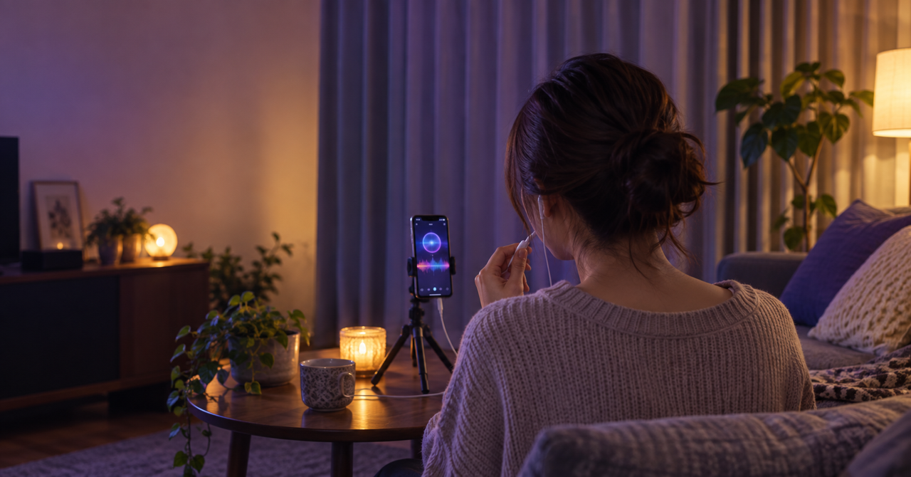 顔出しなしでiPhone1台を使い自宅で歌配信をする女性の後ろ姿